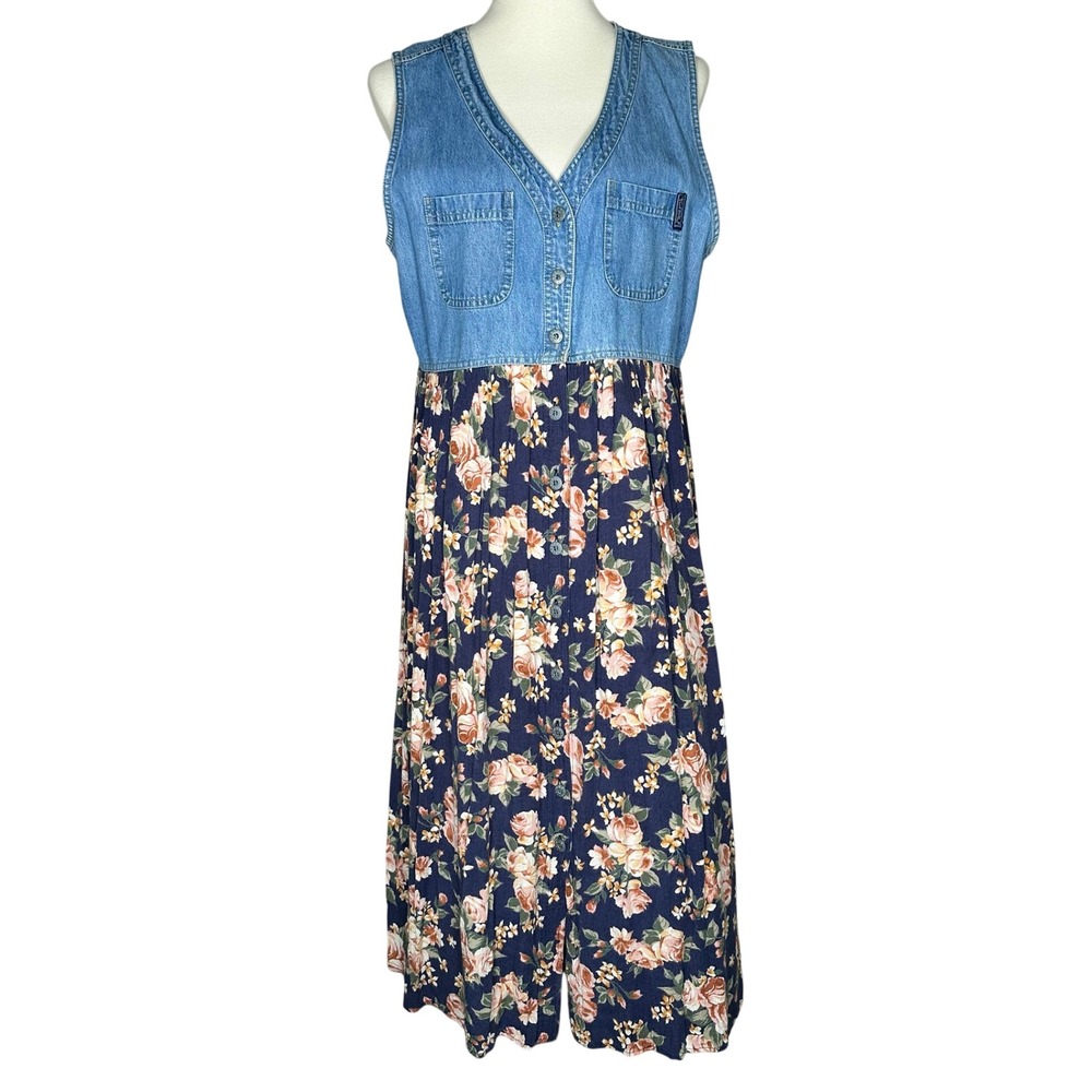 True Blue Vintage Denim Floral Midi Dress Sleeveless Button Front Navy Large